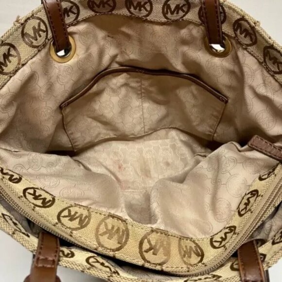 Michael Kors Jet Set Canvas Monogram Large Tote Khaki/Mocha Leather Strap GUC - Picture 4 of 13